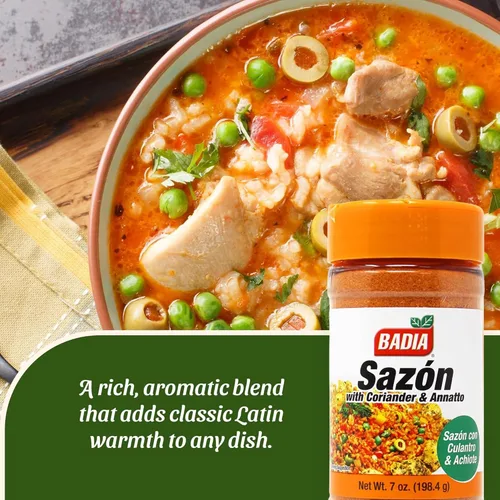 Vista 5 de Badia Sazon con cilantro y anatto, 7 oz - Mezcla de condimentos latinos Classic Latin seasoning blend with Coriander and Annatto for vibrant