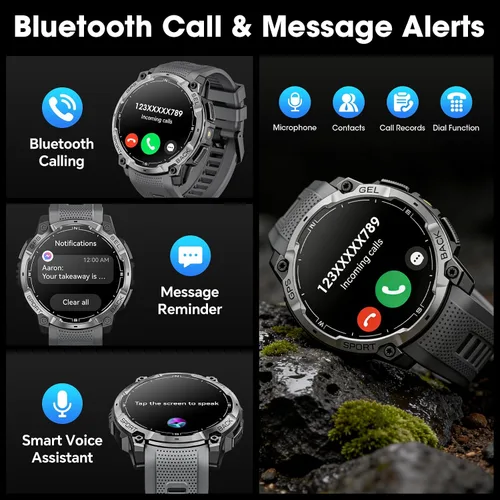 Vista 9 de Reloj inteligente militar para hombre con GPS, llamada Bluetooth AMOLED de 1.43 pulgadas, linterna LED, reloj táctico resistente para Android iOS