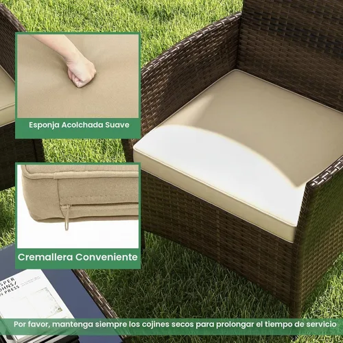 Vista 5 de RELAX4LIFE Juego de muebles de patio de 4 piezas – Juego de muebles de ratán para conversación al aire libre con cojines, mesa de centro de cristal