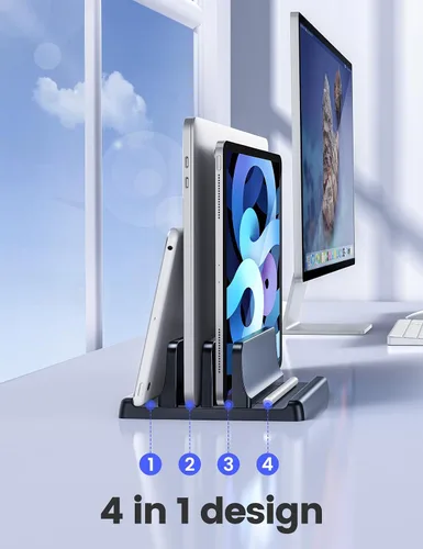 Vista 3 de Vaydeer Soporte vertical para computadora de escritorio, soporte de plástico de doble ranura para laptop con diseño 4 en 1 que ahorra espacio Negro