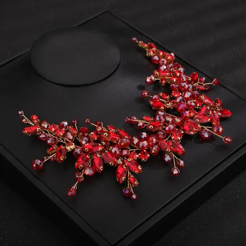Vista 2 de Teyglen Diadema de cristal para el cabello de boda, con cuentas de diamantes de imitación rojos, hecha a mano, rojo, rosa, azul, negro, flores