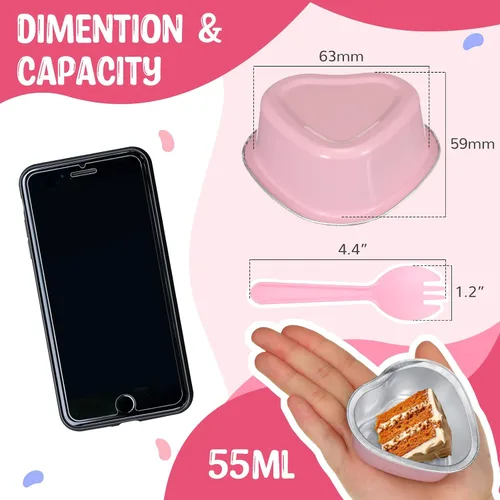 Vista 2 de Nuogo 30 juegos de mini moldes para tartas de corazón con tapas y cucharas de 1.86 onzas / 1.9 fl oz Mini papel de aluminio en forma de corazón Rosa