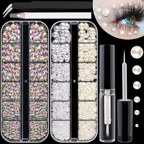 Vista 11 de Kit de diamantes de imitación y perlas con parte trasera plana, cristal redondo AB y gemas blancas transparentes+perlas blancas y beige