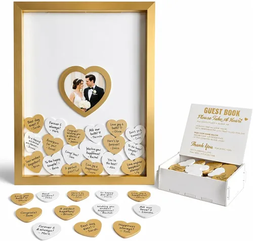 Vista 13 de Libro de invitados de boda azul alternativo para recepción con corazones de madera, un marco, decoración de libros, recuerdos para boda, ideas