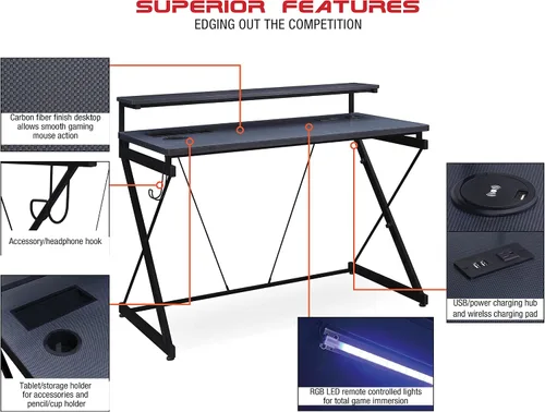 Vista 4 de OSP Home Furnishings Emulator Battlestation - Escritorio para juegos con luces LED RGB, color negro