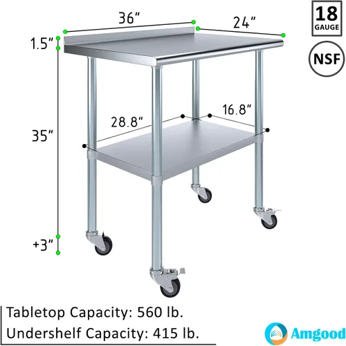 Vista 3 de AmGood Mesa de trabajo de acero inoxidable con protector contra salpicaduras de 1.5 pulgadas y ruedas NSF Mesa de preparación de alimentos