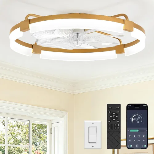 Vista 11 de LEDIARY Ventiladores de techo de bajo perfil de 19.7 pulgadas con luces y control remoto, 6 velocidades, 3 CCT, reversible, regulable, ventilador