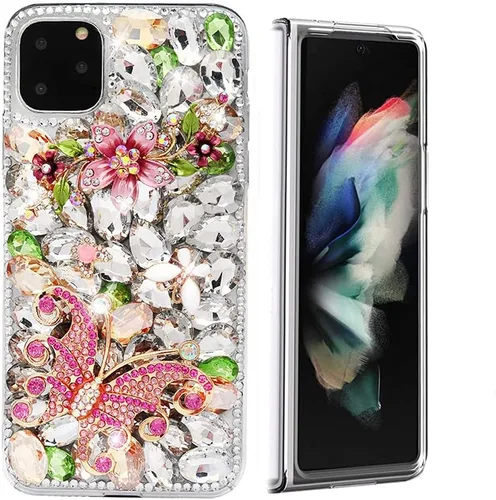 Vista 18 de Sparkle - Funda para teléfono compatible con Samsung Galaxy Z Fold 3 5G, elegante, hecha a mano en 3D, con diamantes de imitación, diseño