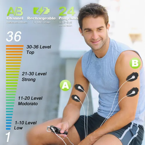 Vista 2 de Unidad TENS EMS de Doble Canal 24 Modos 36 Niveles, Estimulador Muscular de Pantalla Grande Mejorada para Alivio del Dolor de Espalda, Cuello