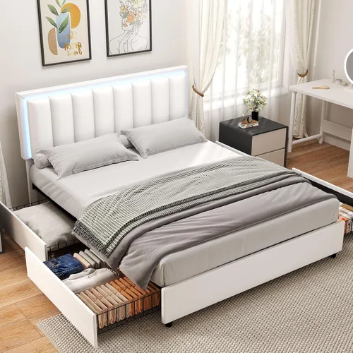 Vista 8 de Base de cama tamaño Queen con 4 cajones de almacenamiento, base de cama tapizada Queen con cabecero, luces LED RGB, base de metal resistente y Blanco