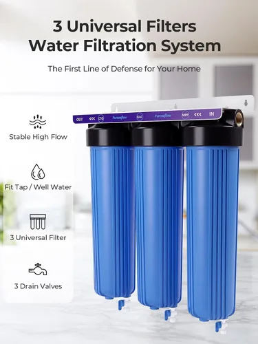 Vista 2 de Sistema de filtro de agua de 3 etapas para toda la casa, 20 x 4.5 pulgadas, doble carbono (GAC y CTO) para máxima reducción de cloro y olor, puertos