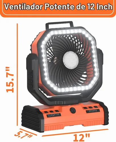 Vista 8 de ADUST Ventilador de campamento de 12 pulgadas, funciona con pilas, con linterna LED, ventilador oscilante portátil recargable de 44000 mAh