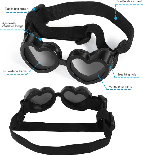 Vista 2 de Gafas de sol para perros de raza pequeña, protección UV con correa ajustable, gafas en forma de corazón para impermeables, resistentes al viento