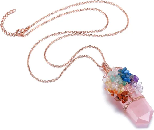 Vista 2 de Top Plaza Collar de piedra preciosa de cristal curativo natural, árbol de la vida, collar con colgante de punta de piedra envuelta en alambre