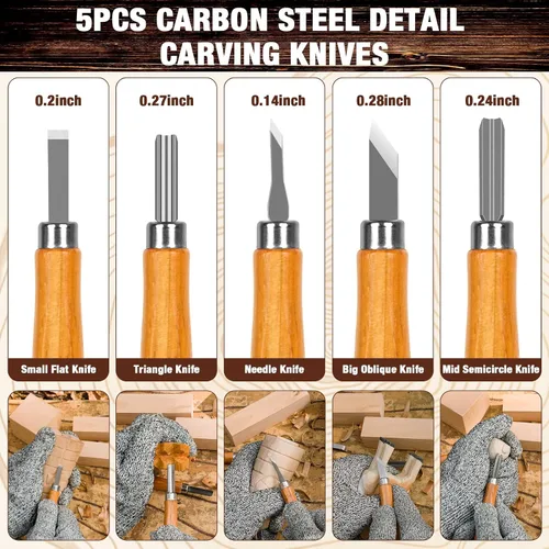 Vista 5 de Kit de tallado de madera, 23 piezas de herramientas de tallado de madera con 4 cuchillos de tallado de madera, 5 cuchillos de detalle, 9 bloques
