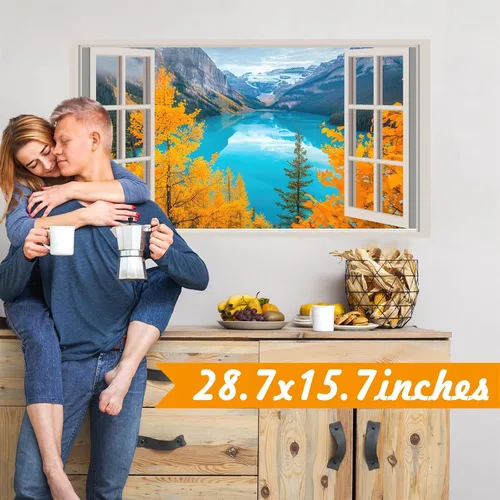 Vista 5 de Calcomanías de pared 3D de naturaleza falsa para ventanas, bosque de otoño, árbol, murales de pared, calcomanías para despegar y pegar, calcomanías