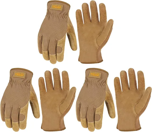 Vista 18 de HANDLANDY Guantes de jardinería de cuero para hombre, guantes de trabajo utilitarios para mecánicos, construcción, conductor