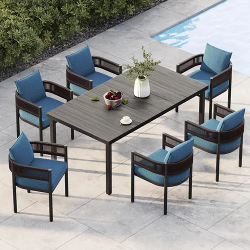 Vista 8 de Juego de comedor al aire libre Grand Patio de 5 piezas para 4, sillas de patio fijas de mimbre tejido metálico con cojines engrosados y 1 mesa