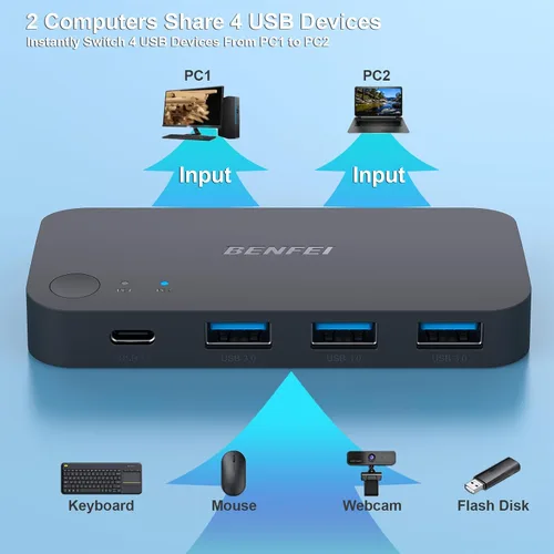 Vista 4 de Interruptor USB 3.0, Conmutador USB 2 Computadoras Comparten 3*USB 3.0 y 1*USB C con Control Remoto para PC Ratón Teclado Impresora Escáner