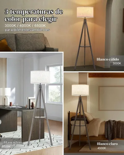 Vista 2 de ELYONA Lámpara de pie con trípode de madera estilo granja con mesa, lámpara de pie de lectura moderna con 3 temperaturas de color, bombilla LED