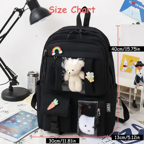 Vista 6 de Juego de 5 mochilas kawaii para niñas con bonitos accesorios de oso, suministros escolares, bolsas para bolígrafos, bolsa de hombro, 02-Negro