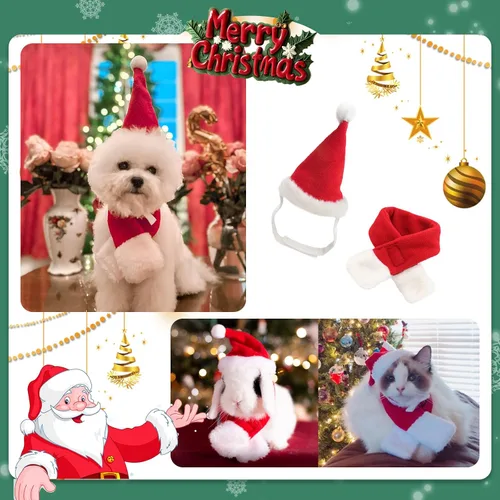 Vista 5 de Disfraz de Navidad de gato con sombrero de Papá Noel y bufanda, traje de Navidad para gatito/cachorros/decoración de Navidad para el hogar
