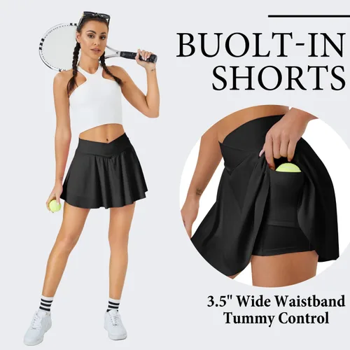 Vista 4 de Falda de tenis para mujer con bolsillos, pantalones cortos cruzados de cintura alta, faldas atléticas para golf, correr, entrenamiento