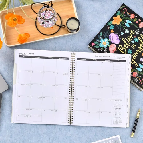 Vista 2 de Agenda mensual floral de 3 años, julio de 2024 a junio de 2027, con 36 pestañas mensuales coloridas y bolsillo
