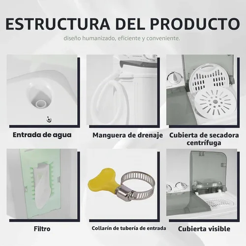 Vista 5 de Elevon Lavadora Portátil de Doble Tina de 9.9 Libras de Capacidad, (7.7 Libras) y Centrifugadora (2.2 Libras) Combo Mini Lavadora Compacta