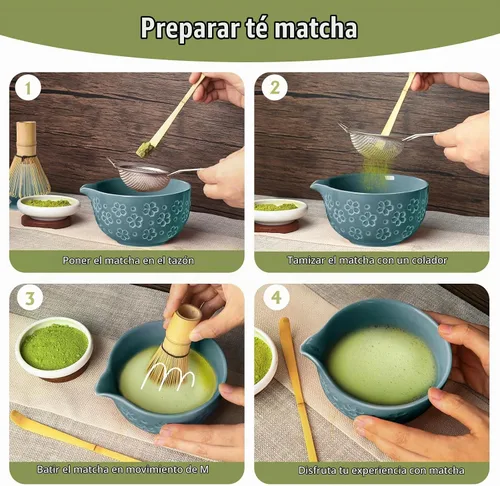 Vista 8 de Kit de juego de batidor de Matcha: Juego de Matcha japonés - Tazón de cerámica, batidor de bambú, Chasen, soporte para cuchara, cuchara medidora