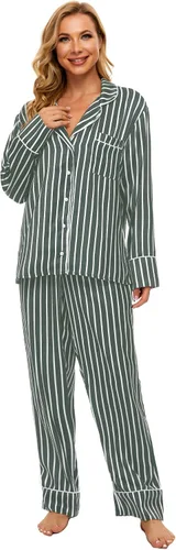 Vista 3 de AGO FTYxTRA Conjunto de pijama suave para mujer, pijama a rayas, conjunto de 2 piezas, ropa de descanso, ropa de dormir, ropa de noche