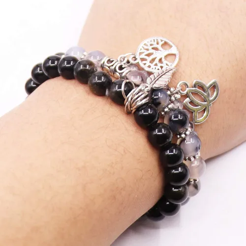 Vista 5 de UEUC - Pulseras Reiki, apilables, de piedras curativas, cristales, con dije del árbol de la vida, yoga y hoja de loto, contra la ansiedad