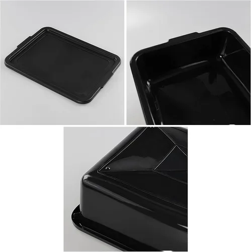 Vista 3 de Tina de autobús de plástico negro de 13 L con tapa, paquete de 3 bandejas de autobús