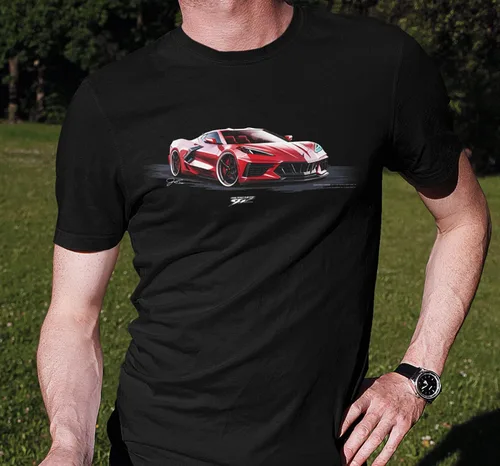 Vista 2 de Wicked Metal Corvette C8 Impresión frontal roja, camisa Corvette, camisa Muscle Car, camisa C8 Vette