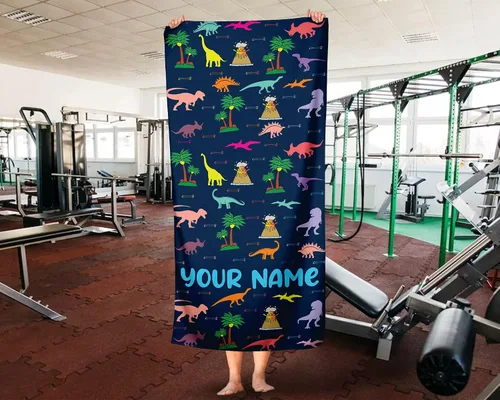 Vista 2 de Generic Toalla de playa de dinosaurio, nombre personalizado, algodón de secado rápido, regalo divertido para niños