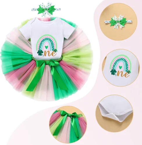 Vista 3 de IDOPIP Traje de primer cumpleaños de arcoíris para niñas y bebés, falda tutú, falda de tul, diadema de primer cumpleaños