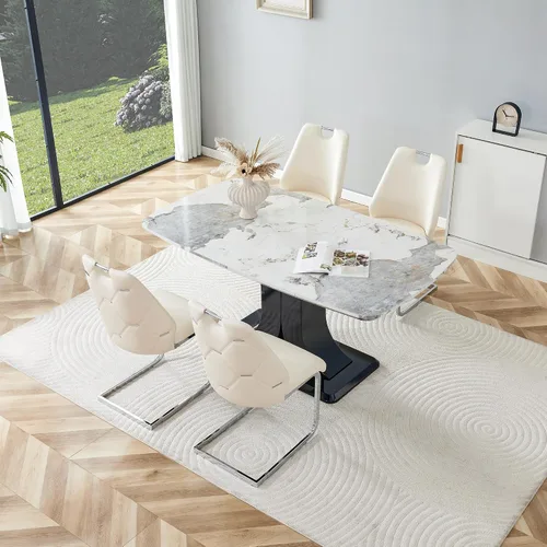 Vista 10 de Juego de mesa de comedor moderno para 4, juego de sillas de mesa de cocina de mármol sintético, mesa rectangular de MDF de 63 pulgadas, sillas Negro