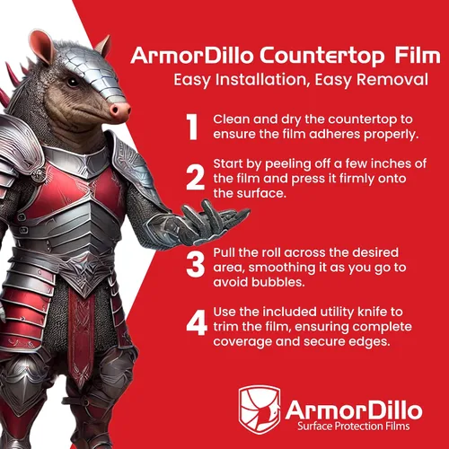 Vista 5 de ArmorDillo Película Protectora para Encimera con Cuchillo Gratis. Protección de Superficie Autoadhesiva Transparente para Laminado, Granito, Mármol
