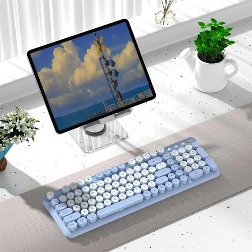 Vista 2 de Teclado Bluetooth inalámbrico, teclas redondas retro de tamaño Azul