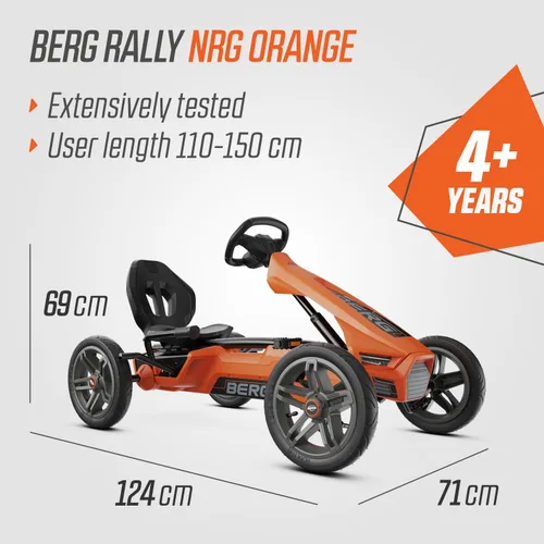 Vista 3 de BERG Pedal Kart Rally NRG Naranja Vehículo para niños, kart de pedal con asiento ajustable, con rueda libre, juguetes para niños adecuados