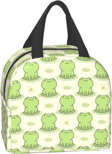 Vista 3 de Lonchera con diseño de rana y libélula, lonchera con aislamiento, reutilizable, impermeable, con bolsillo frontal para oficina, picnic, senderismo