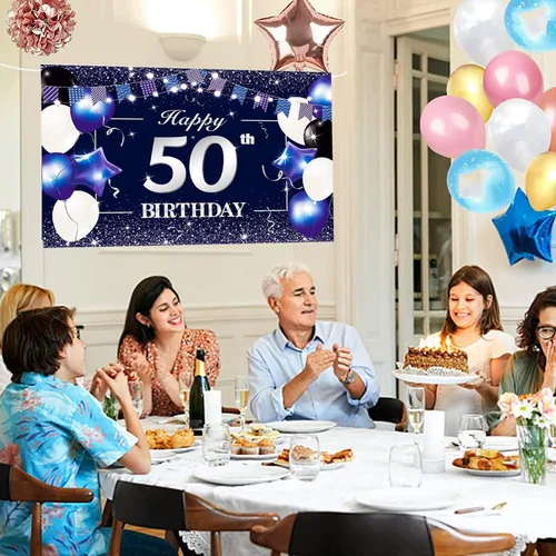 Vista 4 de Telón de fondo de pancarta de feliz cumpleaños 50, color azul y blanco para fiesta de cumpleaños 50, suministros para mujeres y hombres, telón