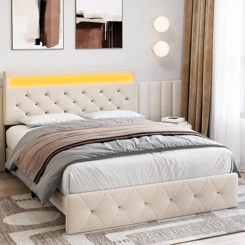 Vista 6 de Base de cama Queen con cabecera de luces LED, marco de cama LED con puerto USB de carga rápida, marco de cama de plataforma tapizada, no necesita