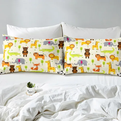 Vista 4 de Erosebridal Juego de ropa de cama individual de animales de la selva para niñas y niños, funda de edredón de elefante oso, tigre, león, safari