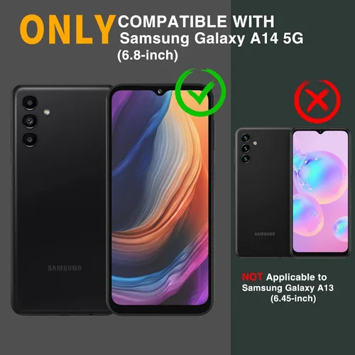 Vista 2 de Funda para Samsung Galaxy A14 5G, protección de grado militar, a prueba de golpes, con protector de pantalla HD de vidrio templado y soporte