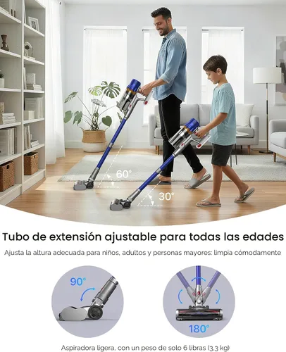 Vista 7 de Aspiradora inalámbrica para el hogar, potente aspiradora con filtro HEPA, tiempo de funcionamiento de 55 minutos, luz LED, cepillo antienredos
