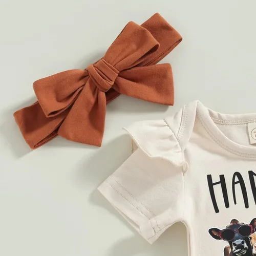 Vista 4 de Conjunto de ropa para bebé niña de manga corta con estampado de vaca + pantalones acampanados, ropa occidental