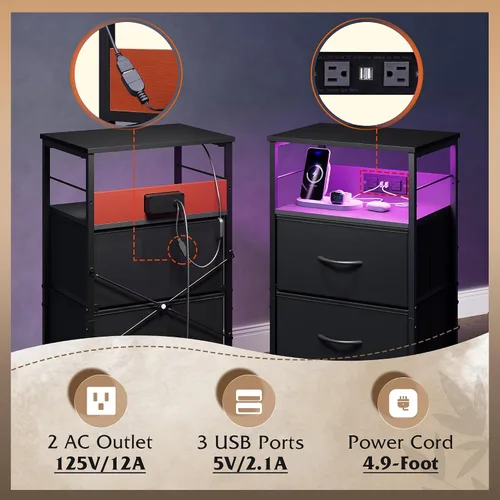 Vista 6 de WLIVE Juego de 2 mesitas de noche LED con estación de carga, mesita de noche negra con 3 cajones de tela y estante de almacenamiento, cómoda pequeña