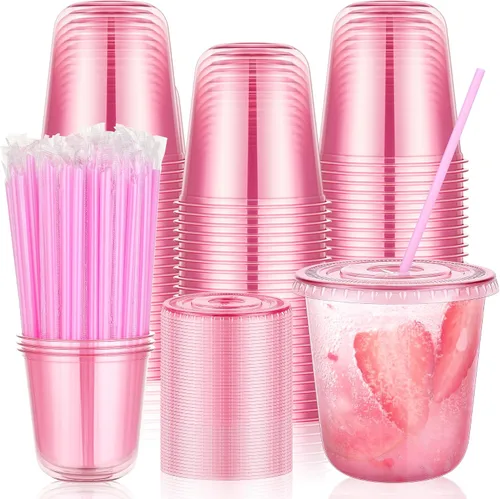 Vista 16 de tchrules Juego de 100 vasos de plástico negro de 12 onzas con tapas y pajitas, taza de café helado desechable con tapa, parte inferior redonda
