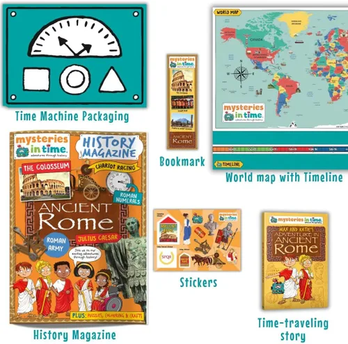Vista 2 de Mysteries in Time Ancient Rome - Paquete de actividades romanas para niños de 6 a 11 años, con libro de historia y revista, perfecto para avión